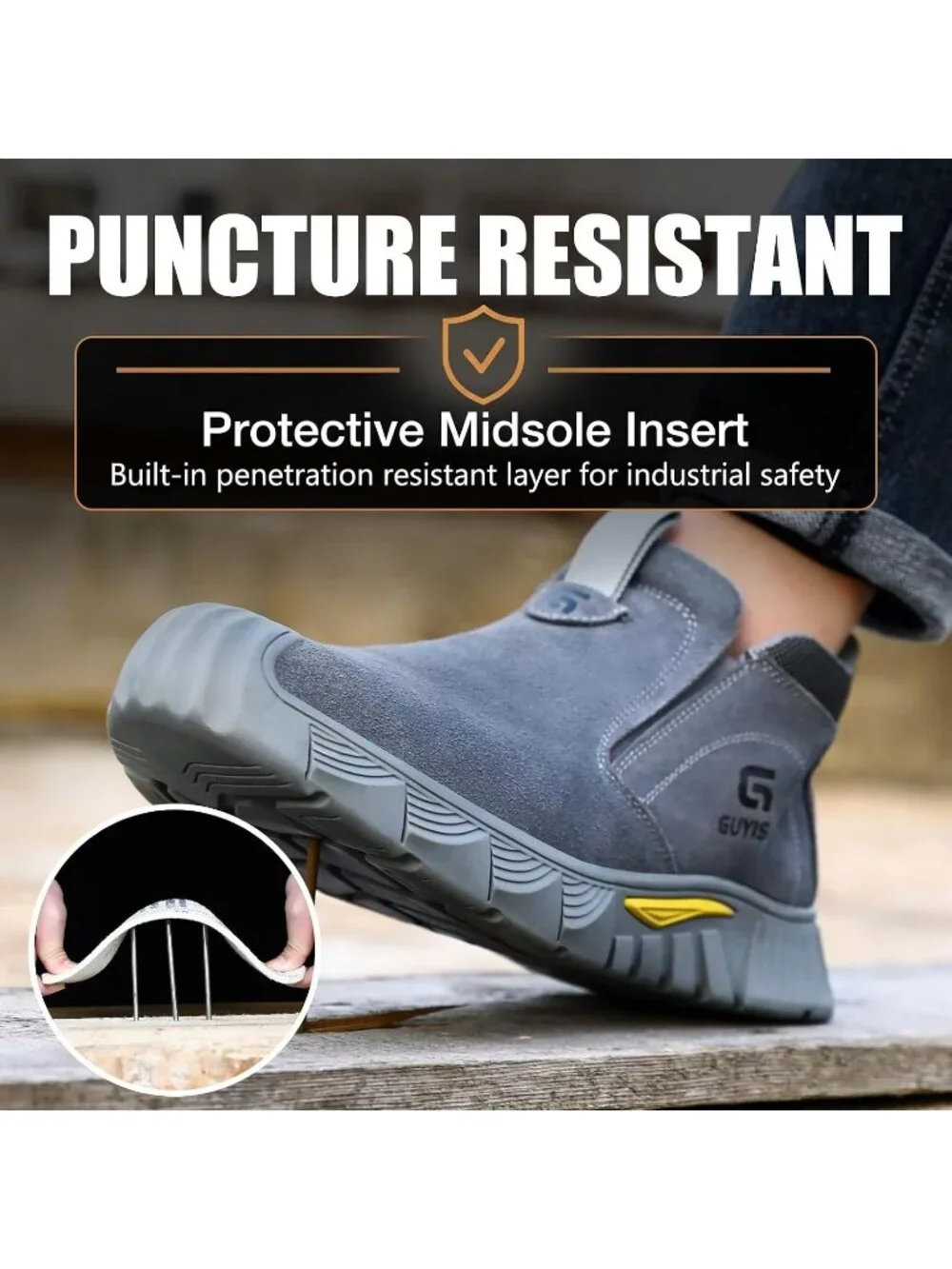 Men's Grey Fireproof Shoes Casual Slip On Steel Toe Mid Top Jobsite Work Boots